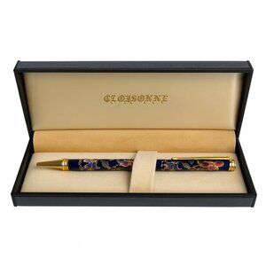 Cloisonne Style Floral Ballpoint Pen Blue Gold Tone Enamel Gift Box -I044